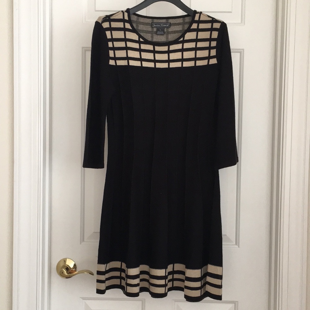 HP🔥 Jessica Howard Women’s Dress PL Black Beige Stripes 3/4 Sleeves Sweater New